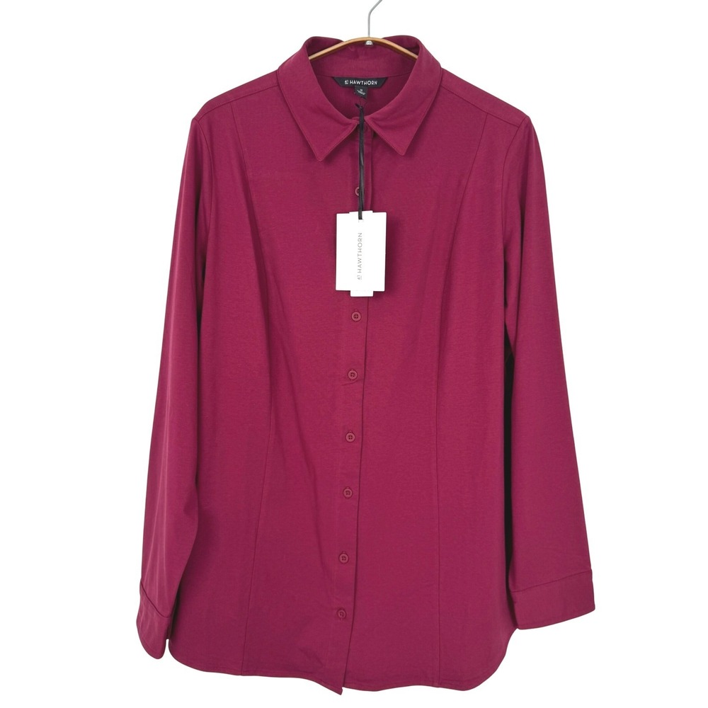 41 Hawthorn Womens Plus 1X Berry Pink Jersey Knit Button Down Shirt NWT